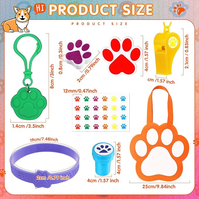 Skylety 266 Pcs Dog Paw Party Favors Supplies Gift Set Non Woven Gift Bags Whistle Stamper Keychain Silicone Bracelet Erasers Sticker Acrylic Brooch Puppy Themed Girl Boy Birthday Goodie Bag Filler