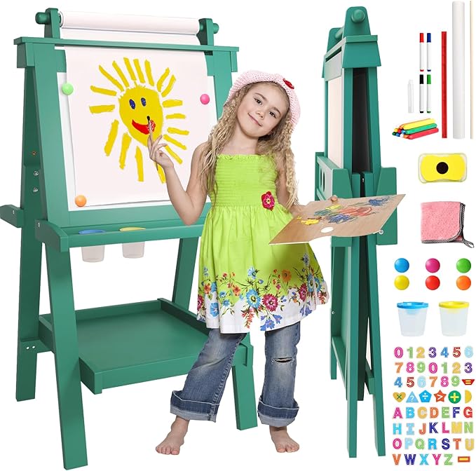 Easel for Kids Deluxe Foldable All-in-1 Toddler Easel with Paper Roll& 84pcs Accessories Magnetic Chalk-Whiteboard Art Center for Kids 3 4 5 6 7 8 Years Old Boys Girls-Green