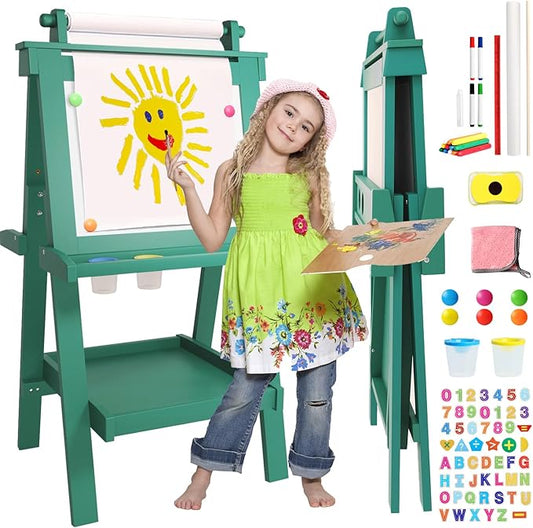 Easel for Kids Deluxe Foldable All-in-1 Toddler Easel with Paper Roll& 84pcs Accessories Magnetic Chalk-Whiteboard Art Center for Kids 3 4 5 6 7 8 Years Old Boys Girls-Green