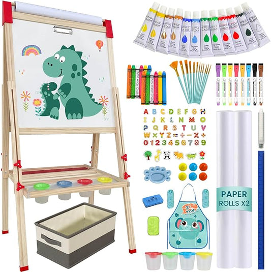 Easel for Kids,Adjustable Wooden Art Easel for Kids,114+ Art Supplies,Double Sided Magnetic Dry Erase Board and Chalkboard,3-in-1 Toddler Art Easels for Aged 3-4,5-7,8-12,2 Paper Rolls