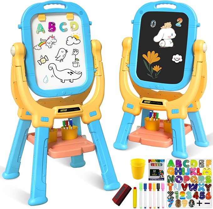 Easel for Kids, Rotatable Double Sided Magnetic Drawing Board Adjustable Height Easel Stand Toddlers Art Easel with 79pcs Art Supplies, Blue