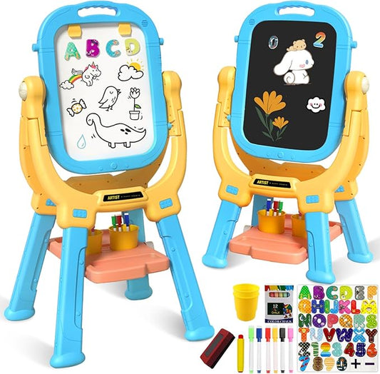 Easel for Kids, Rotatable Double Sided Magnetic Drawing Board Adjustable Height Easel Stand Toddlers Art Easel with 79pcs Art Supplies, Blue