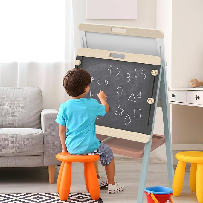 SPEEDY MONKEY Adjustable Wooden Easel for Kids, Double-Sided Chalkboard & Magnetic Whiteboard, Learning Toy for Children, Ideal Holiday Gift for Birthdays