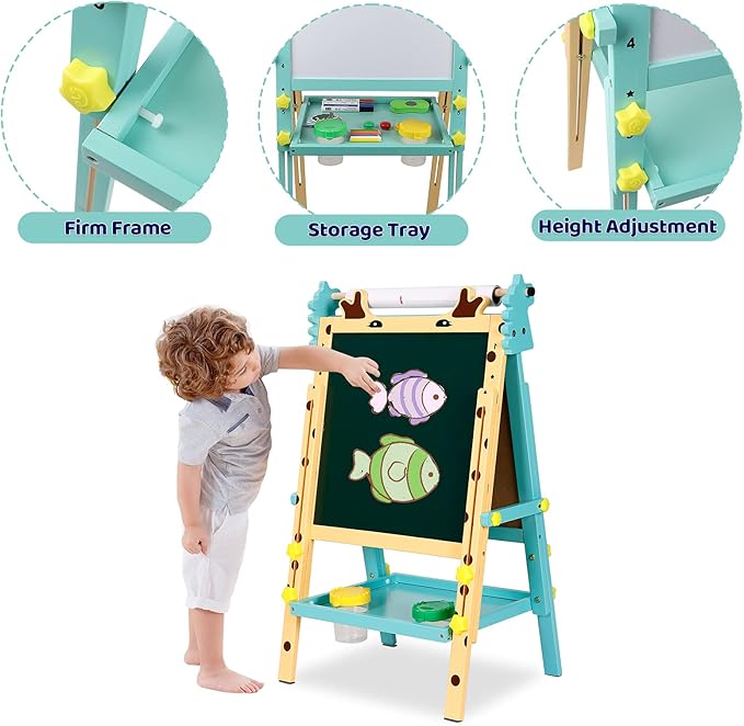Double-Sided Whiteboard & Chalkboard Adjustable Kids Art Easel Standing Easel with Other Accessories for Kids and Toddlers