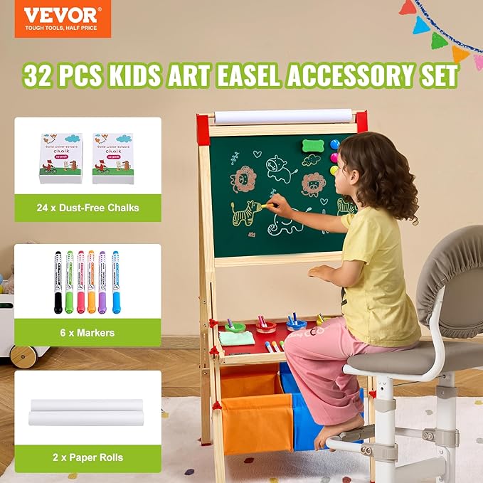 VEVOR Easel Accessory Set, 32 PCS Kid's Art Easel Painting Kit Including Chalks, Dry-Erase Markers & Paper Rolls, Supplies Set for Standing Art Easel, Painting Accessories for Toddlers Boys and Girls