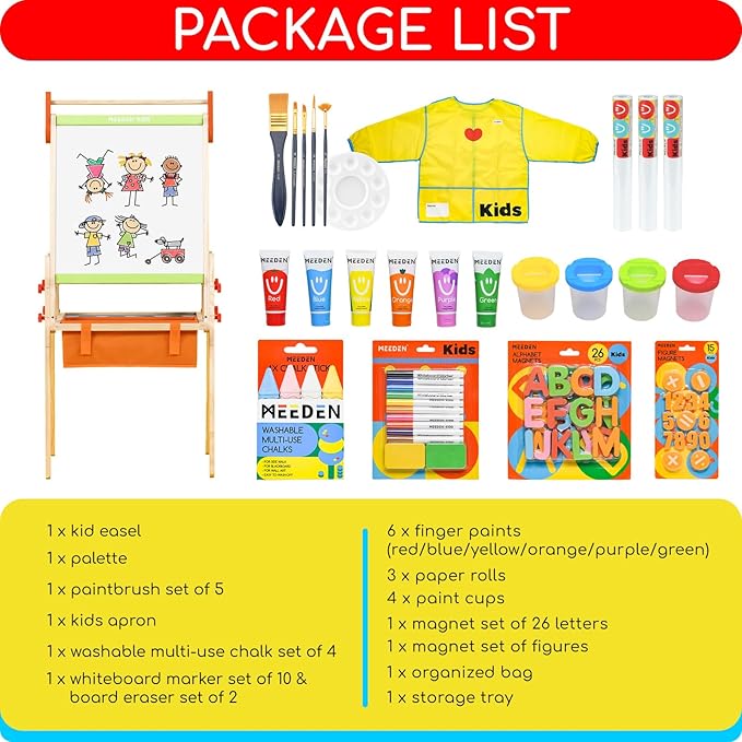 MEEDEN Easel for Kids, Double-Sided All-in-one Wooden Art Easel, Kids Art Easel Set with Paper Rolls, Magnetic Easel with Whiteboard & Chalkboard, Finger Paints, Accessories Easel for Toddlers