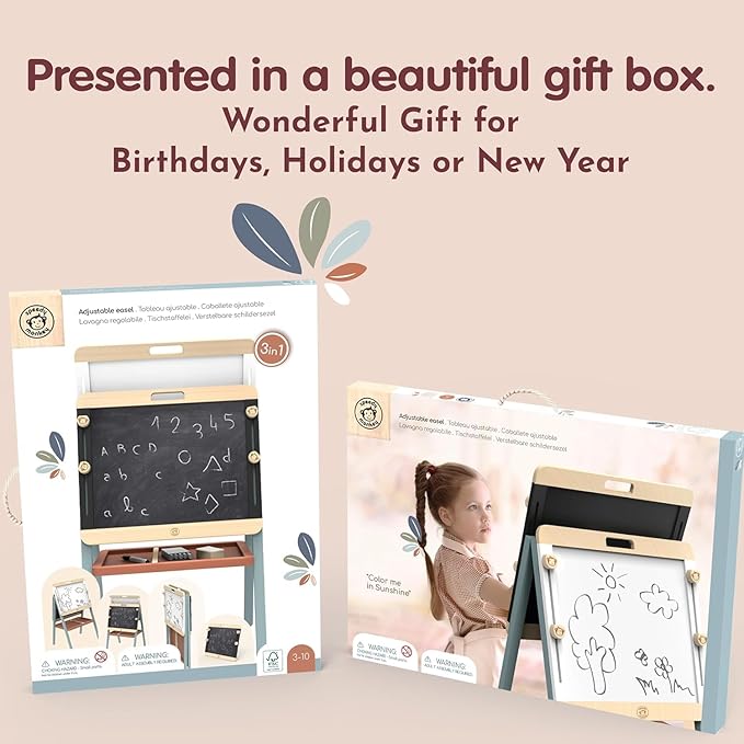 SPEEDY MONKEY Adjustable Wooden Easel for Kids, Double-Sided Chalkboard & Magnetic Whiteboard, Learning Toy for Children, Ideal Holiday Gift for Birthdays