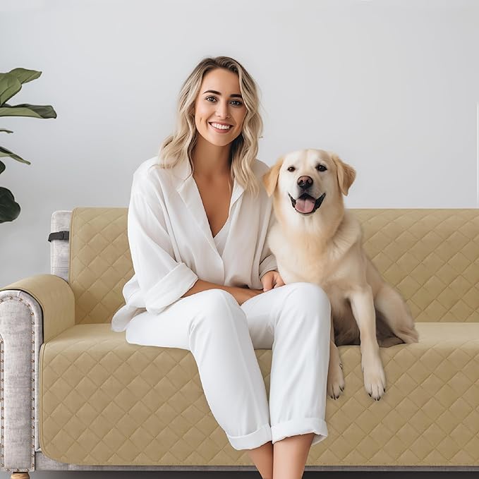 CHUN YI Couch Cover, Water Resistant Slipcover for 3 Cushion Sofa, Washable Sofa Cover with Adjustable Strap Storage Pocket for Living Room Dog Pet (Sofa, Khaki)
