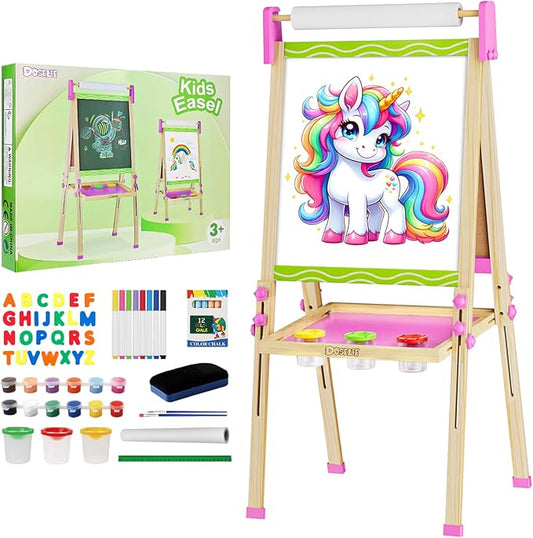 Easel for Kids,Toddler Art Easels for Painting, Stand Kids Easel White Board Dry Erase,Height Adjustable Double-Sided Magnetic Whiteboard and Chalk Board with Paper Roll Art Supplies for Ages 2-4,5-7