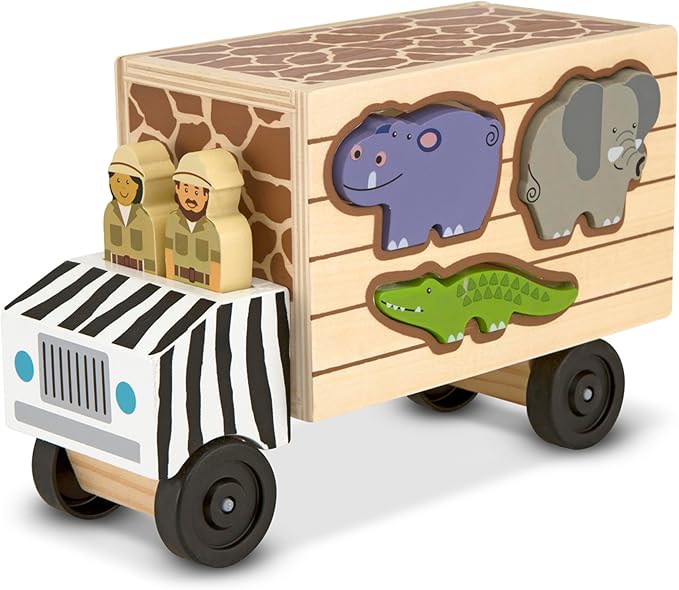 Melissa & Doug Animal Rescue Shape-Sorting Truck - Wooden Toy With 7 Animals and 2 Play Figures -Vehicle Toys For Toddlers