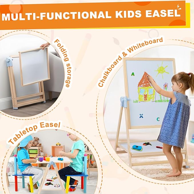 Easel for Kids, Weudear Kids Easel Double Sided Wooden Easel Standing, 4 in 1 White Board & Magnetic Drawing Board & Tabletop Easel, Art Easel for Kids 3-4 4-8 9-12 Height Adjustable 22-39inch