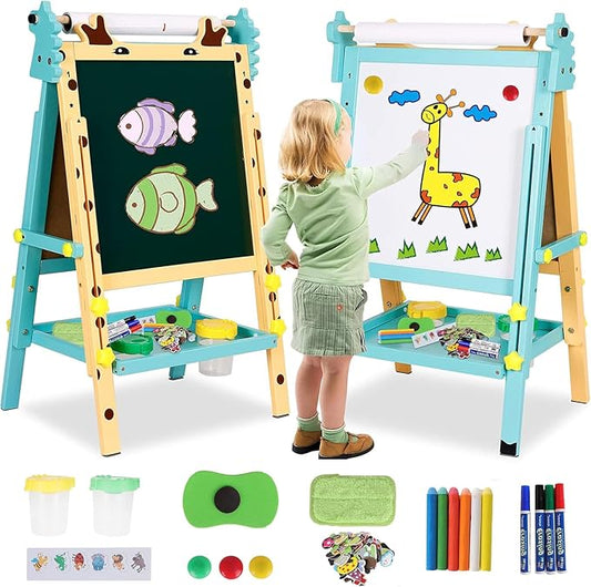Double-Sided Whiteboard & Chalkboard Adjustable Kids Art Easel Standing Easel with Other Accessories for Kids and Toddlers