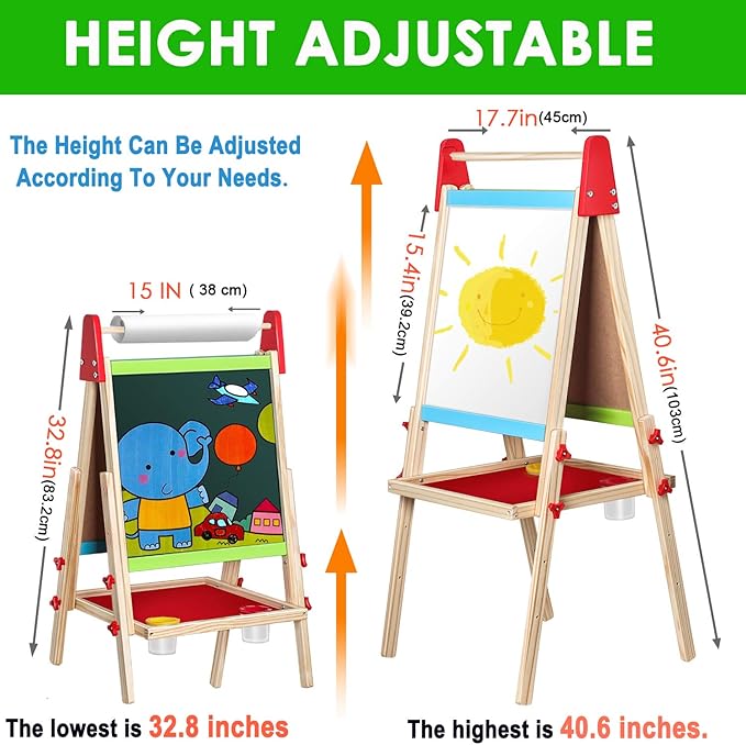 Easel for Kids, Gimlife White Board Art Easel Chalkboard Double-Sided Dry Erase Whiteboard & Chalkboard Standing for Kids with Easel Paper Roll for Children Toddler Boys Girls Drawing Painting