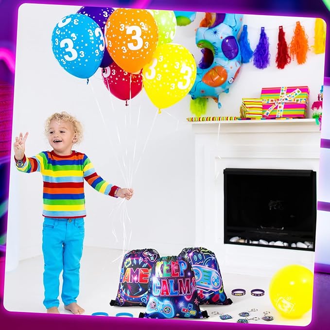 Talltalk 48 Pcs Neon Video Game Party Favors with 16 Neon Video Game Drawstring Backpack Gamer Goodie Bags Snack Candy Bags 16 Game Wristband Rubber Bracelet 16 Keychains for Neon Game Birthday Party