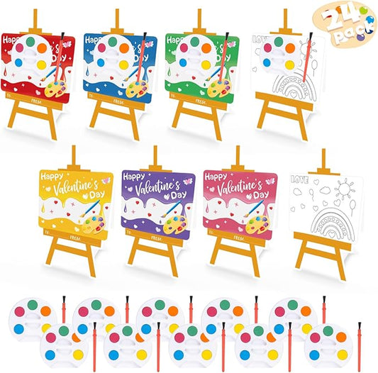 GOAUS Valentines Day Gifts for Kids, 24 Pack Easel-Shaped Valentines Cards with Watercolor Paint Sets for School Boys Girls Classroom Preschool Party Favors Class Prizes
