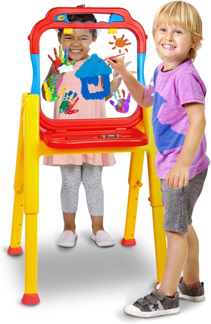 Crayola® Triple-The-Fun See-Thru Easel, Finger Painting, Dry-Erase Crayon, Markers, and acrylics, Adjustable Height, Easy fold Storage, Comprehensive Art Accessories, Ages 3+