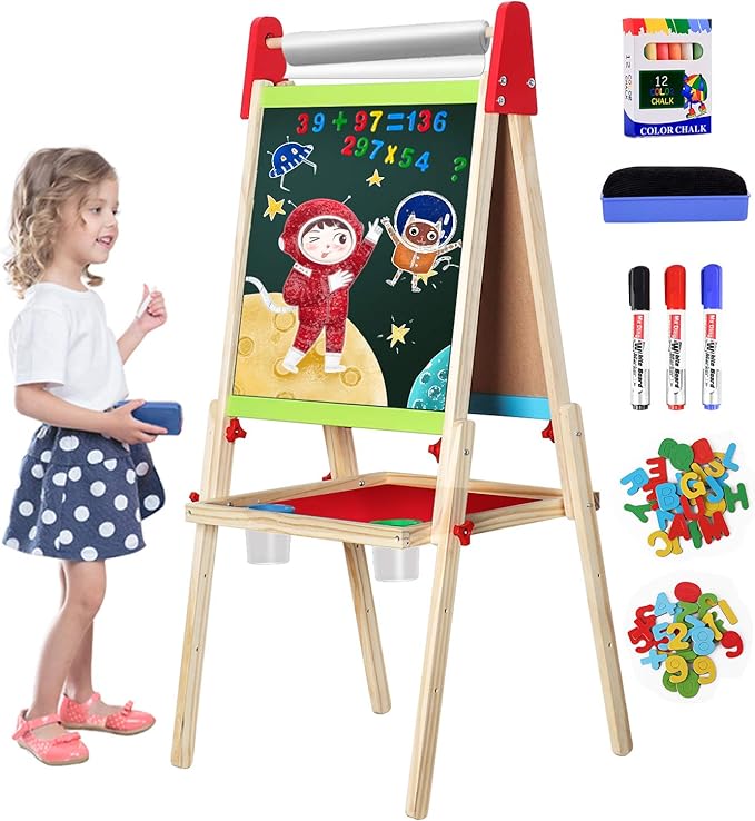 Easel for Kids, Gimlife White Board Art Easel Chalkboard Double-Sided Dry Erase Whiteboard & Chalkboard Standing for Kids with Easel Paper Roll for Children Toddler Boys Girls Drawing Painting