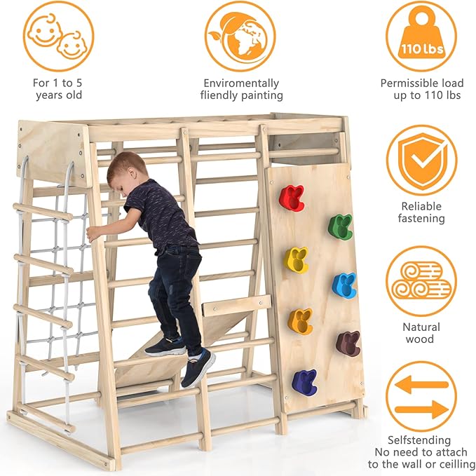 PROY Indoor Jungle Gym, Toddler Climbing Toys Indoor, Indoor Playground Climbing Toys for Toddlers, Climber Playset with Slide, Climbing Rock/Net, Monkey Bars, Drawing Board, Abacus Game and Swing