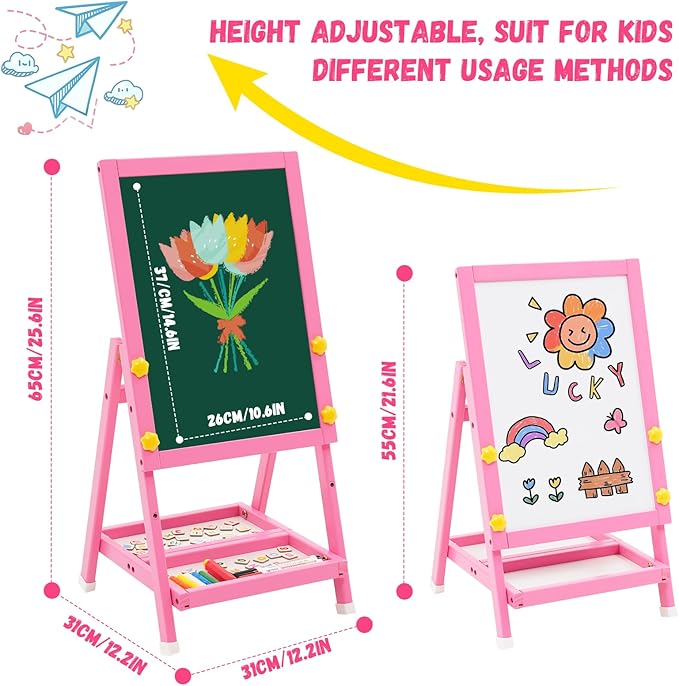NUKied Wooden Kids Easel Double Sided Easel Height Adjustable Drawing Board Standing Art Easel for Kids with Foldable Storage Tray for Boys and Girls 3+ (Pink)