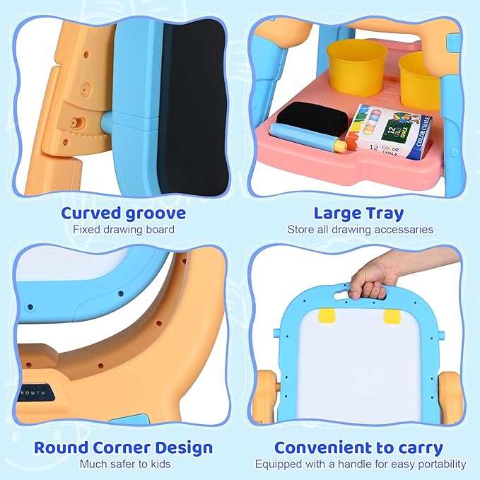 Double-Sided 360°Rotating Kids Easel and Toddler Art Easel, Equipped with A Little Bench and Painting Accessories, Childrens Art Easel for Kids 3-4, Gifts for Toddler (Orange+Blue)