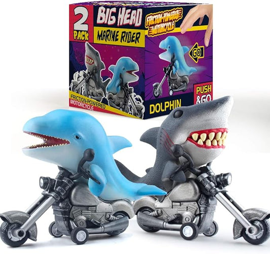 DINOBROS Shark Toy Car 2 Pack Friction Powered Motorcycle Monster Sea Animal Game Great White Shark and Dolphin Toys