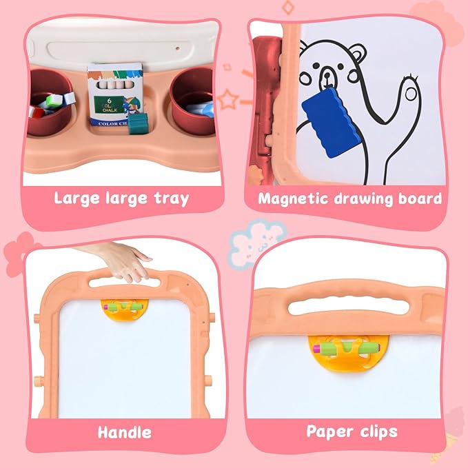 Easel for Kids, Double Sided Kids Art Easel with White Board & Chalk Board, Adjustable Standing Toddler Easel with Drawing & Writing Accessories, Toy for Age 2-4 Boys Girls Birthday Gifts (Pink)
