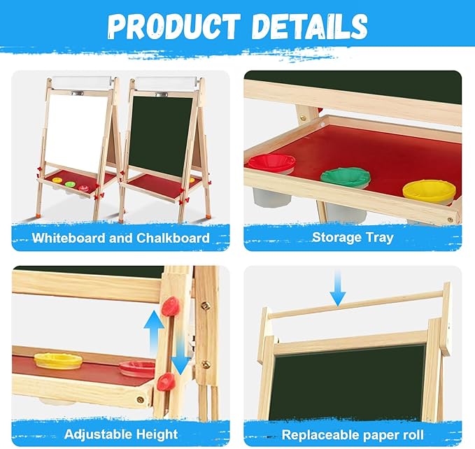 Easel for Kids Including 100+ Accessories - White Board for Kids and Black Board Double Sided Adjustable Wooden Kids Easel with 1 Drawing Paper Roll Wooden Magnetic Drawing Board for Kids