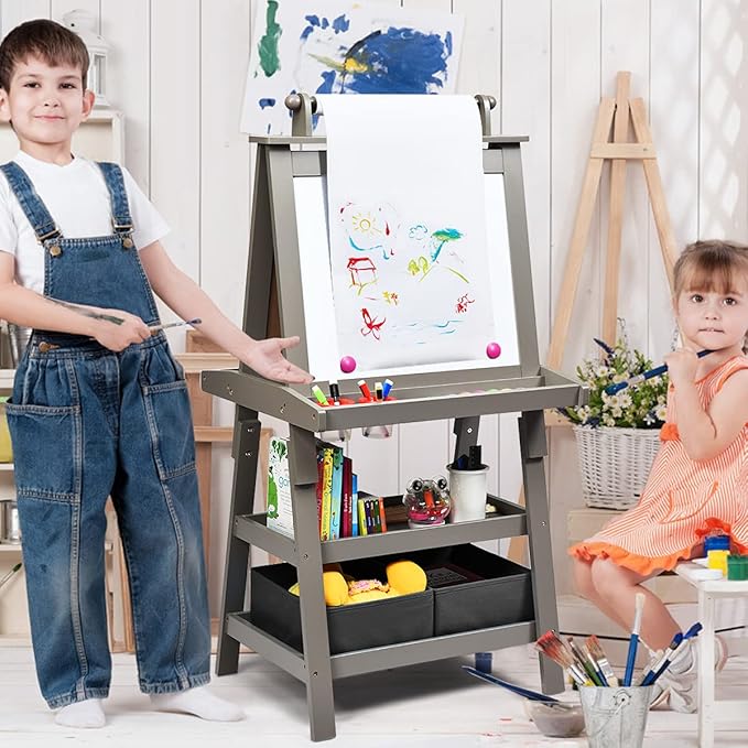 MAT Expert Kids Art Easel, 2-Side Child Easel w/Magnetic Whiteboard, Chalkboard & Paper Roll, Storage Easel w/2-Tier Rack & 2 Storage Boxes, 3 in 1 Toddler Art Craft Supply Drawing Easel (Gray)