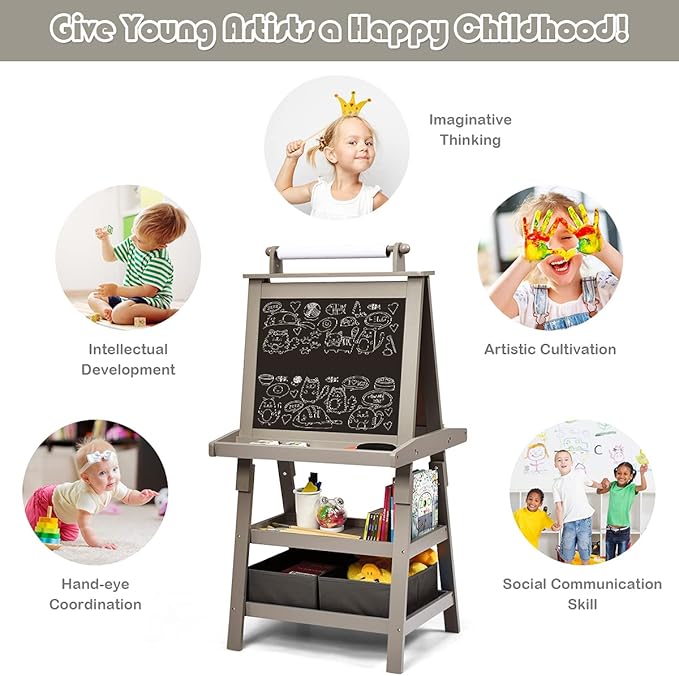 MAT Expert Kids Art Easel, 2-Side Child Easel w/Magnetic Whiteboard, Chalkboard & Paper Roll, Storage Easel w/2-Tier Rack & 2 Storage Boxes, 3 in 1 Toddler Art Craft Supply Drawing Easel (Gray)