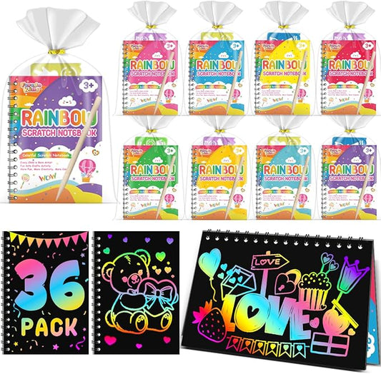 Party Favors for Kids: 36 Pack Rainbow Scratch Art Notebook Classroom School Supplies Bulk for Girls Boys Goodie Bags Stuffers, Return Gifts for Birthday Party Valentines Gift Kid Crafts