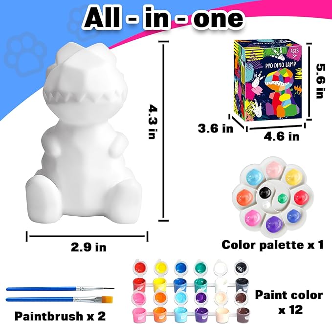 FUNZBO 4.3in Paint Your Own Dinosaur Lamp - Arts and Crafts Supplies Painting Kit for Kids Teens Adults, DIY Toys for Toddler Boy Girl Age 3 4 5 6 7 8 9 10 11 12 Birthday Easter Valentine Holiday Gift