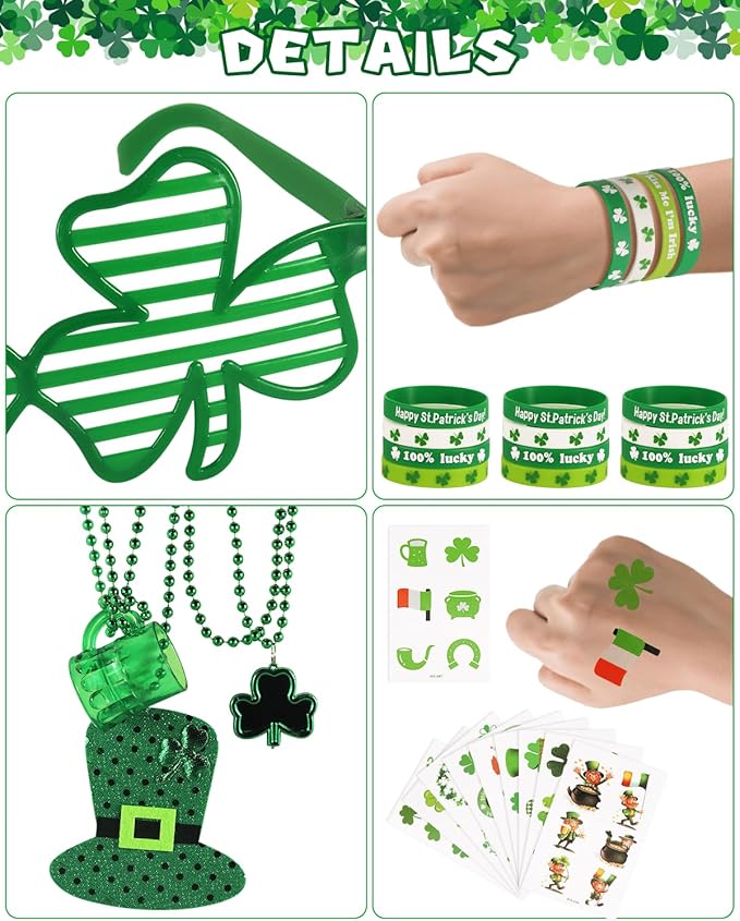 St. Patrick's Day Party Favor Set, St. Patrick's Day Novelty Jewelry Assortment with Headband Necklace Bracelet Glasses Tattoo Stickers Accessories Kiss Me I'm Irish Sash for Irish Party Décor