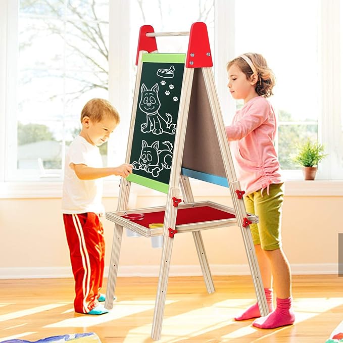 Easel for Kids, Gimlife White Board Art Easel Chalkboard Double-Sided Dry Erase Whiteboard & Chalkboard Standing for Kids with Easel Paper Roll for Children Toddler Boys Girls Drawing Painting