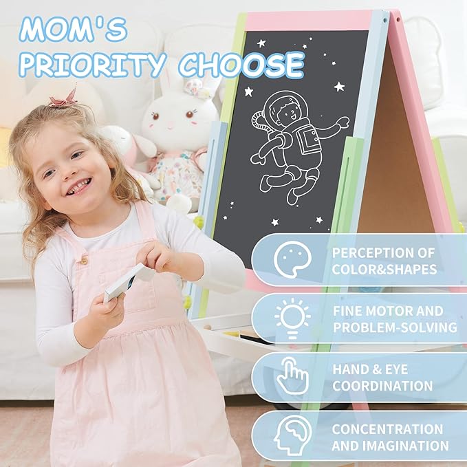 Easel for Kids, Double Sided Wooden Easel with Magnetic Chalkboard &Painting Board, Foldable Art Easel for Toddlers 3 Years Old Height Adjustable
