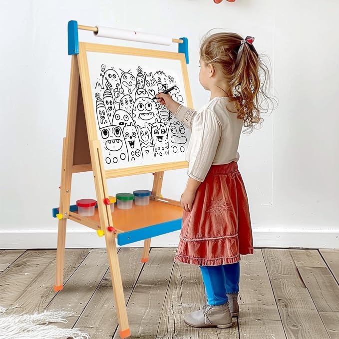 Easel for Kids with Drawing Paper Roll, Learning Toy for 3,4,5,6,7,8 Years Old Boy & Girls, Wooden Chalkboard & Magnetic Whiteboard & Painting Paper Stand, Gift & Art Supplies for Toddler