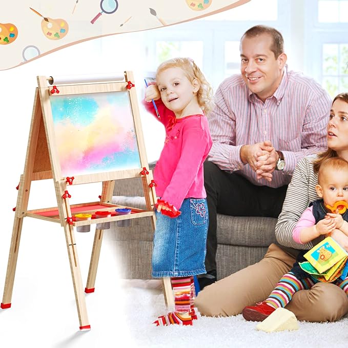 Easel for Kids Including 100+ Accessories, Kids Easel Double Sided Wooden, White Board & Magnetic Drawing Board & Paper Roll, Height Adjustable Standing Art Easel for Kids 3-4 4-8 9-12
