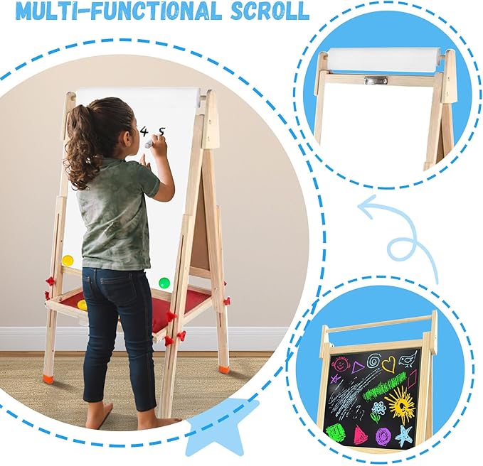 Easel for Kids Including 100+ Accessories - White Board for Kids and Black Board Double Sided Adjustable Wooden Kids Easel with 1 Drawing Paper Roll Wooden Magnetic Drawing Board for Kids