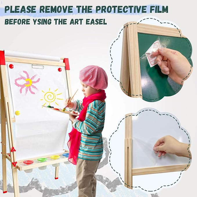 Easel for Kids,Adjustable Wooden Art Easel for Kids,114+ Art Supplies,Double Sided Magnetic Dry Erase Board and Chalkboard,3-in-1 Toddler Art Easels for Aged 3-4,5-7,8-12,2 Paper Rolls