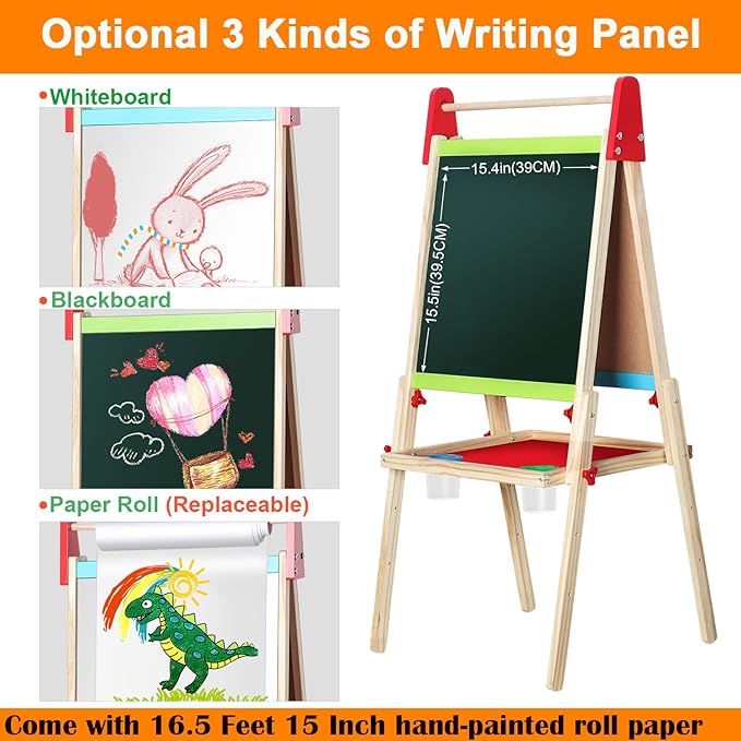 Easel for Kids, Gimlife White Board Art Easel Chalkboard Double-Sided Dry Erase Whiteboard & Chalkboard Standing for Kids with Easel Paper Roll for Children Toddler Boys Girls Drawing Painting