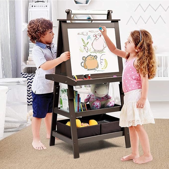 MAT Expert Kids Art Easel, 2-Side Child Easel w/Magnetic Whiteboard, Chalkboard & Paper Roll, Storage Easel w/2-Tier Rack & 2 Storage Boxes, 3 in 1 Toddler Art Craft Supply Drawing Easel (Coffee)