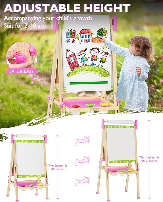 Easel for Kids,Toddler Art Easels for Painting, Stand Kids Easel White Board Dry Erase,Height Adjustable Double-Sided Magnetic Whiteboard and Chalk Board with Paper Roll Art Supplies for Ages 2-4,5-7