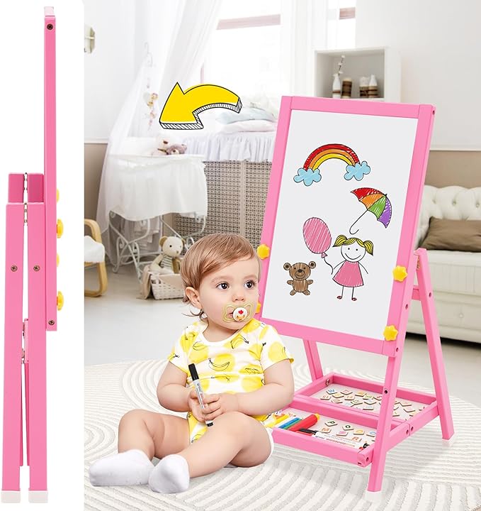 NUKied Wooden Kids Easel Double Sided Easel Height Adjustable Drawing Board Standing Art Easel for Kids with Foldable Storage Tray for Boys and Girls 3+ (Pink)
