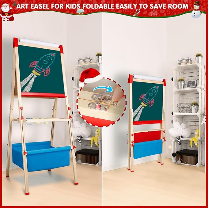 Easel for Kids Foldable Art Easels for Toddlers-Adjustable Standing Wooden Drawing Easel with Paper Roll-Magnetic Double Sided Whiteboard & Chalk board-130+pcs Accessories Easel for Kids 2-4 4-8 9-12