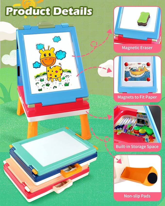 Easel for Kids,Tabletop Easel for Toddler, Foldable 4 in 1 Double Sided Kids Art Easel with Chalkboard & Magnetic Whiteboard,Portable Desktop Drawing Board - Gift for Boys and Girls (Green)