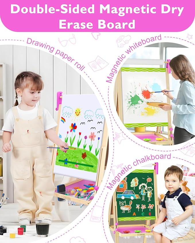 Easel for Kids,Toddler Art Easels for Painting, Stand Kids Easel White Board Dry Erase,Height Adjustable Double-Sided Magnetic Whiteboard and Chalk Board with Paper Roll Art Supplies for Ages 2-4,5-7