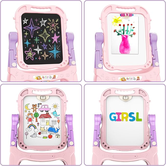 Kids Art Easel, Adjustable Drawing White Board & Chalk Board, Toddler Standing Easel with Painting Accessories, Gift for Girls Boy (Pink)