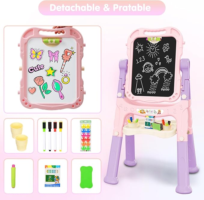 Easel for Kid, Double Sided Kids Art Easel with Magnetic Chalkboard & White Board, Adjustable Standing Painting Drawing Board for Toddler, Education Gift Toy for Boy Girls Age 3, 4, 5 (Pink+Puple)