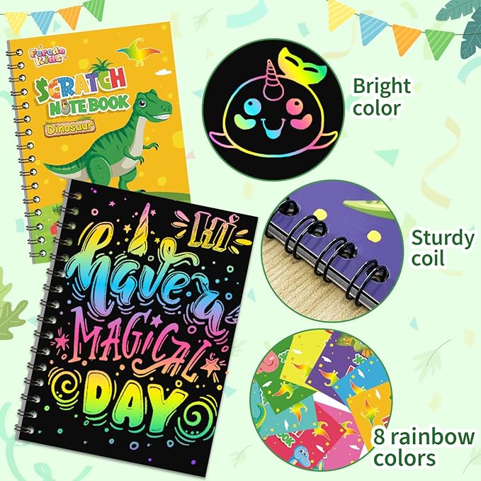 Party Favors Birthday Gifts for Kids: 16 Pack Scratch Art Notebook Party Favors for Kids Goodie Bags Stuffers Girls Boys Art Craft Kit Birthday Gifts for Classroom Prizes Christmas Gifts - Dinosaur