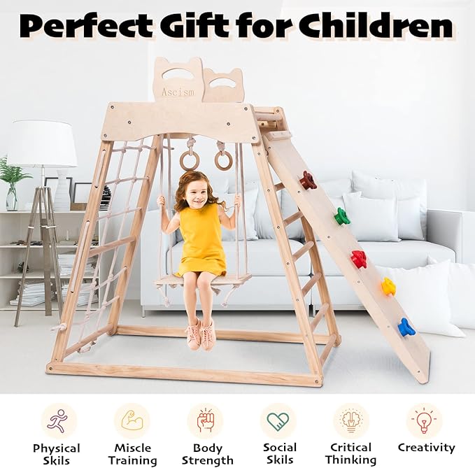 Jungle Gym Indoor (8 in 1) Wooden Indoor Playground, Toddler Wooden Climbing Toys, Montessori Playset, Gym with Slide, Climbing Net, Swing, Tent, Gymnastics Ring…