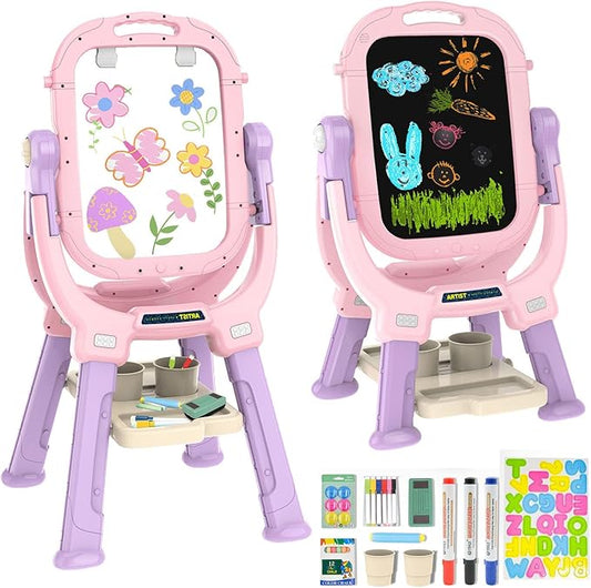 Easel for Kids, Toddler Art Easel Adjustable Standing, Magnetic Double Sided Easel with Painting Accessories Gift for Boys and Girls